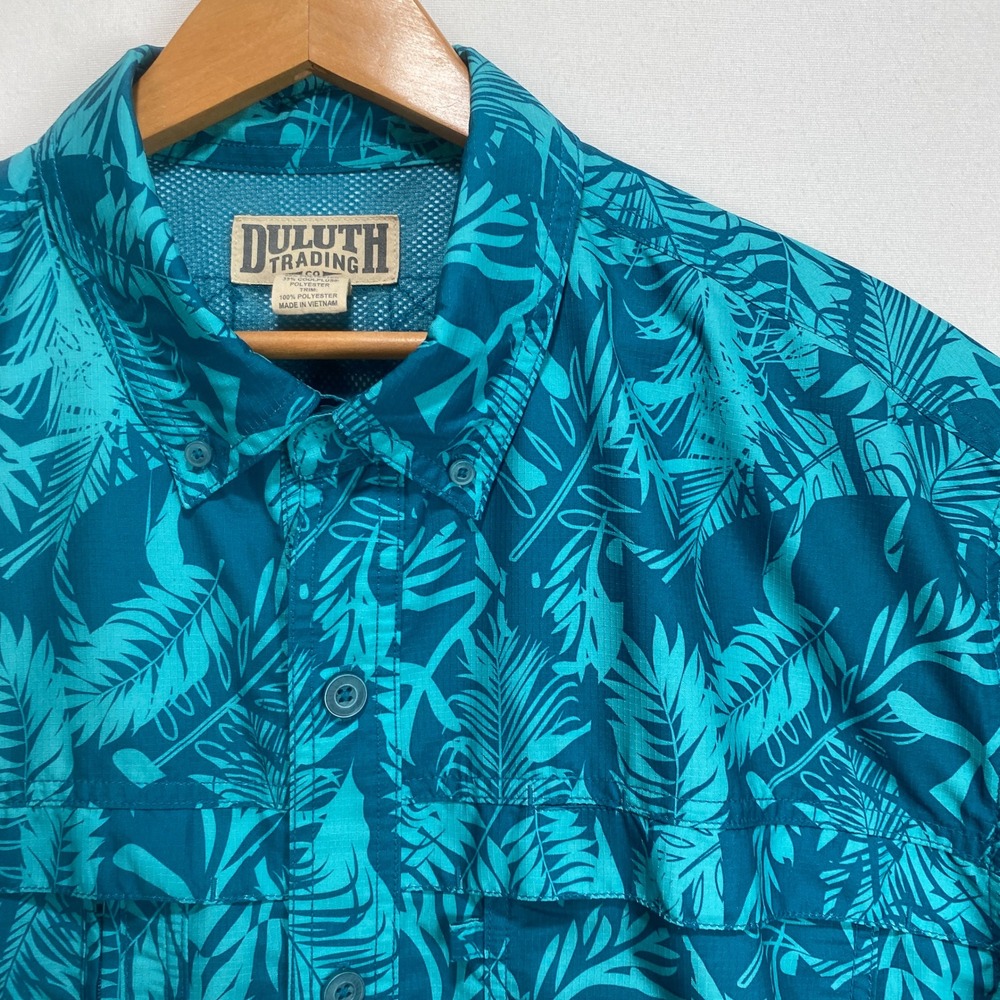 Duluth Trading Co Mens Short Sleeve Tropical Leaf Print Button Up Shirt XL